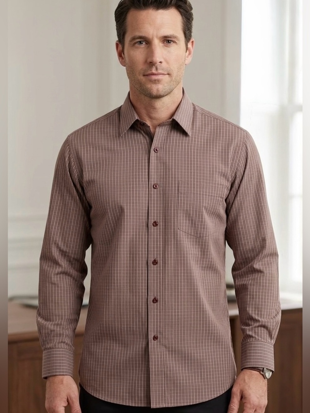 Men’s Denver Hayes Brown Pinstripe Long-Sleeve Dress Shirt 17.5x36 cotton 1380